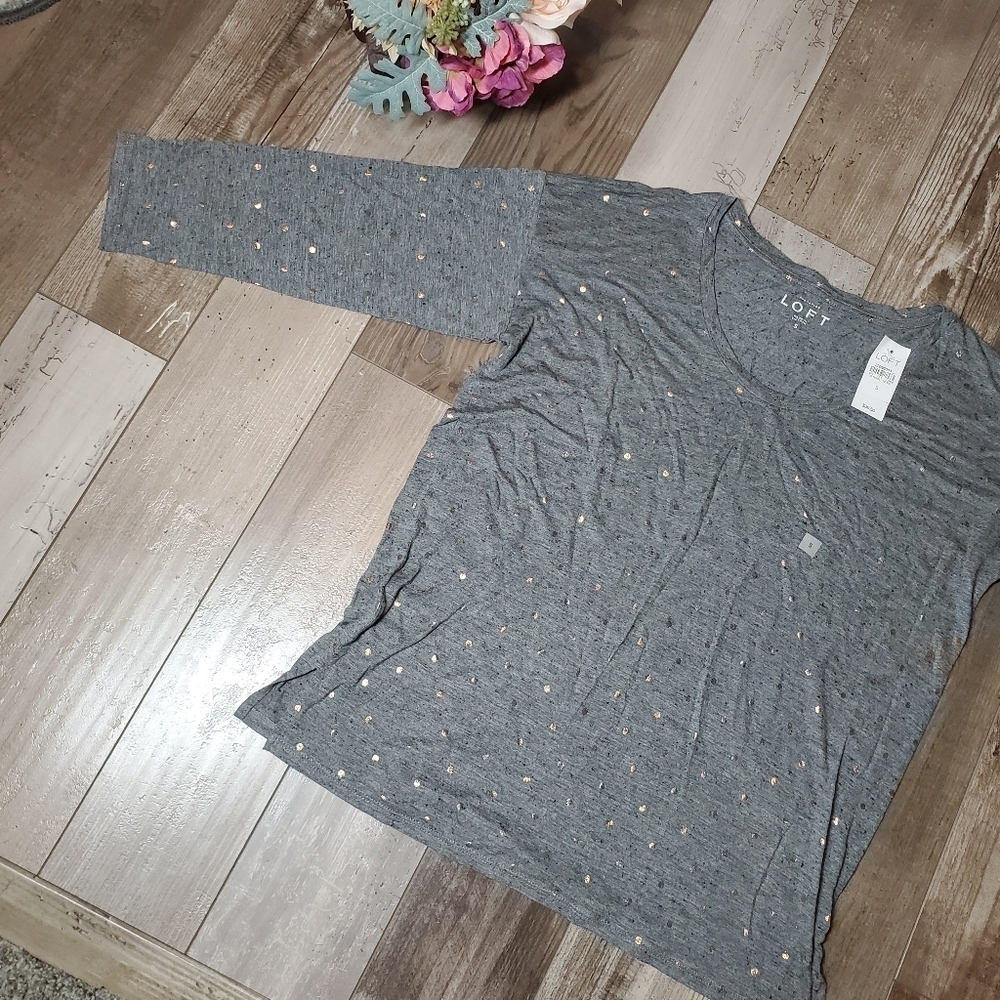NWT LOFT Gray and Rose Gold Polka Dots 3/4 Sleeve Tee Women's Size Small - Picture 11 of 17